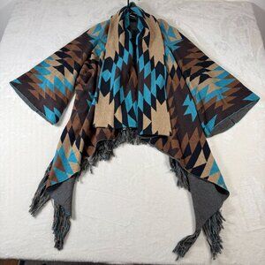 Tasha Polizzi Aztec Southwestern Cape Open Front Cardigan O/S Fringe Sweater